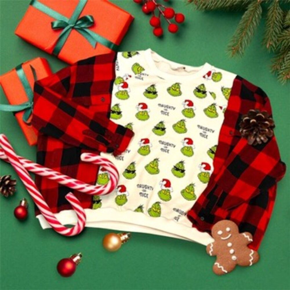 Naughty or Nice the Grinch green mean guy upcycled sweatshirt flannel shirt